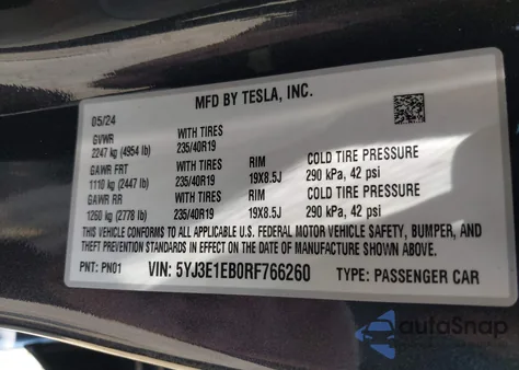 2024 Tesla Model 3 Long Range Dual Motor All-Wheel Drive из США, поврежденный, VIN 5YJ3E1EB0RF766260